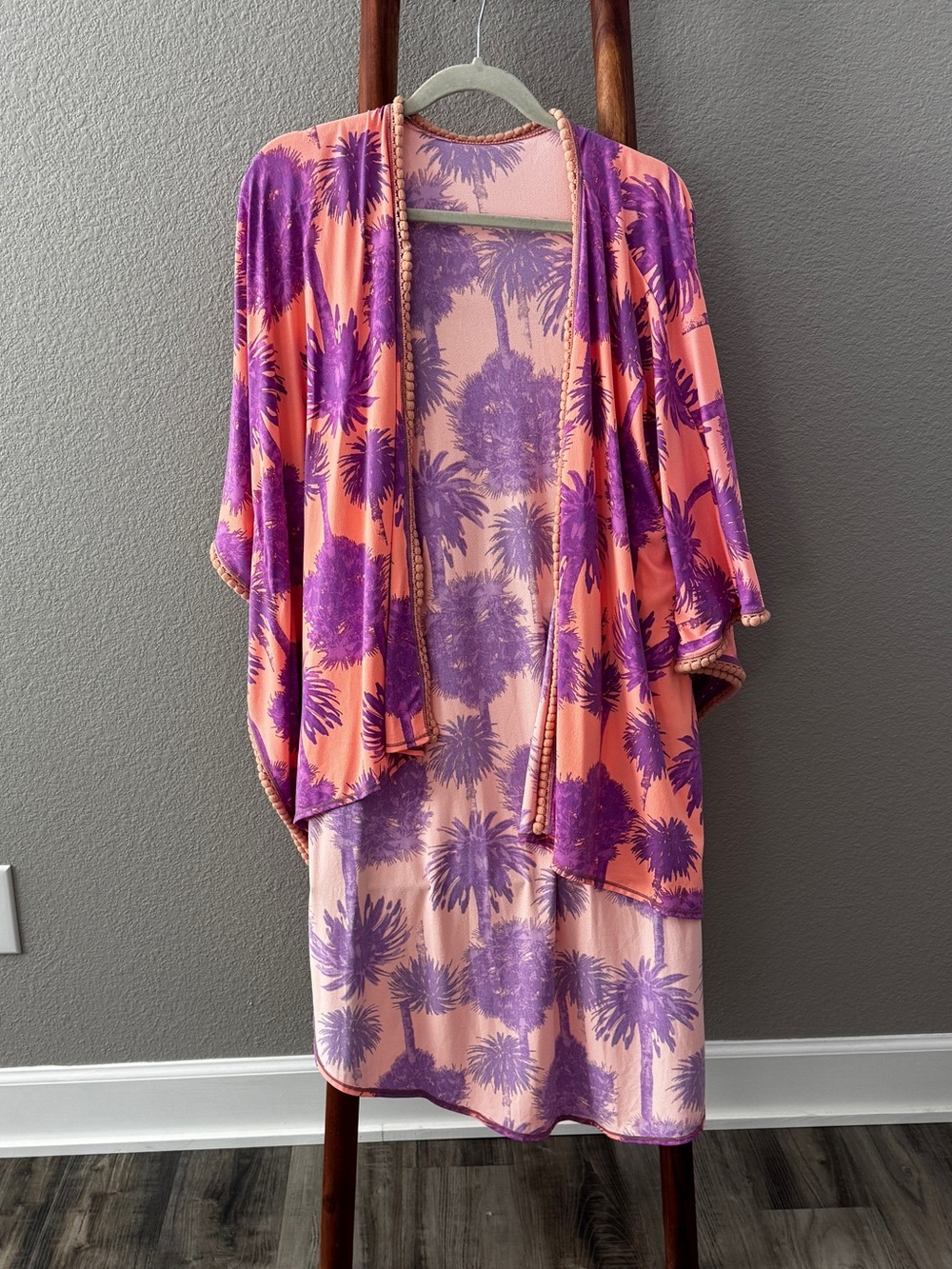 Maaji Tropical Palm Print Kimono Cover Up Purple Coral Pom Pom Trim One Size
